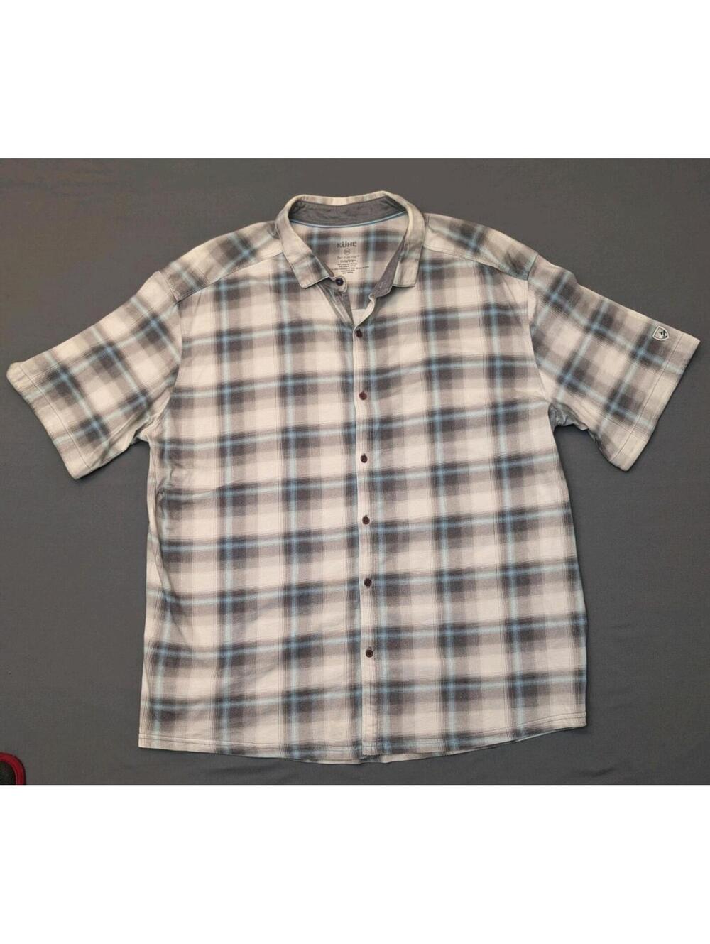 Kuhl Wildfire Mens XXL Gray Blue Plaid Short Sleeve Cotton Button Up Shirt